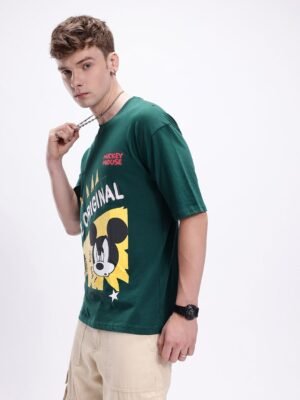 Kook N Keech Men Mickey Mouse Printed Drop-Shoulder Sleeves Oversized Pure Cotton T-shirt