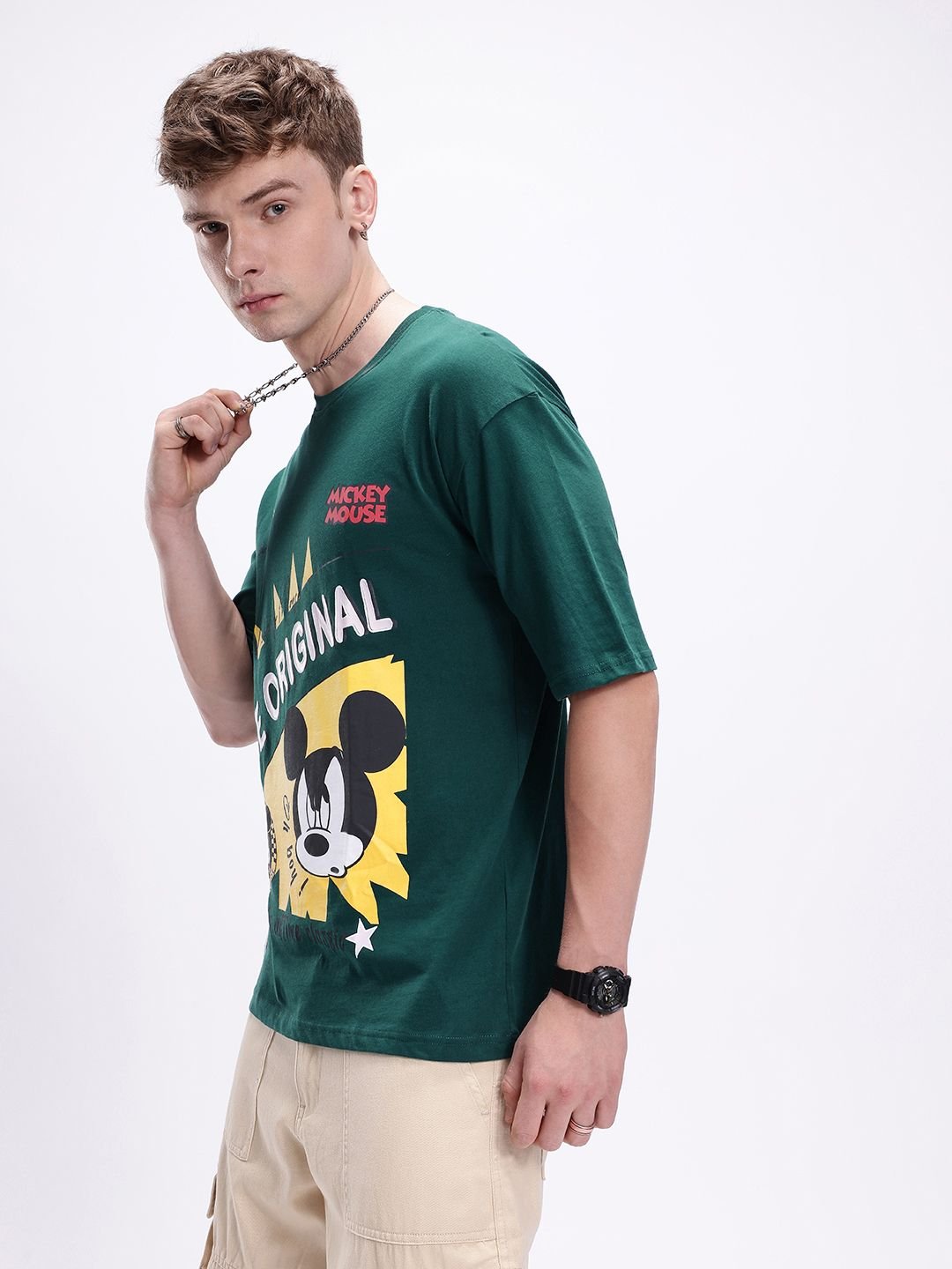 Kook N Keech Men Mickey Mouse Printed Drop-Shoulder Sleeves Oversized Pure Cotton T-shirt