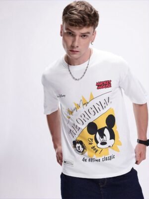 Kook N Keech Men Mickey Mouse Printed Drop-Shoulder Sleeves Oversized Pure Cotton T-shirt