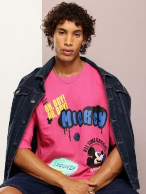 Kook N Keech Men Mickey Mouse Printed Drop-Shoulder Sleeves Oversized Pure Cotton T-shirt