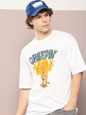 Kook N Keech Looney Tunes Men Tweety Printed Pure Cotton Drop-Shoulder Sleeves T-shirt