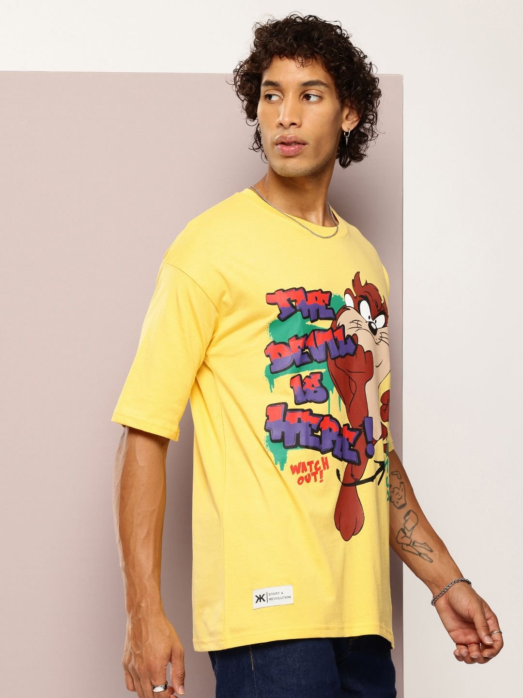 Kook N Keech Men Looney Tunes Printed Drop-Shoulder Sleeves Oversized Pure Cotton T-shirt - Image 3