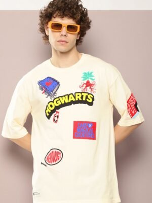 Kook N Keech Harry Potter Men Printed Drop-Shoulder Sleeves Oversized Pure Cotton T-shirt