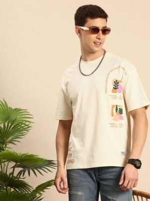 Mast & Harbour Cotton Graphic Printed Drop-Shoulder Sleeves Oversized T-shirt