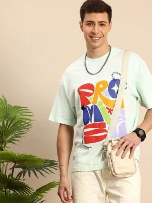 Mast & Harbour Typography Printed Drop-Shoulder Sleeves Oversized Cotton T-shirt