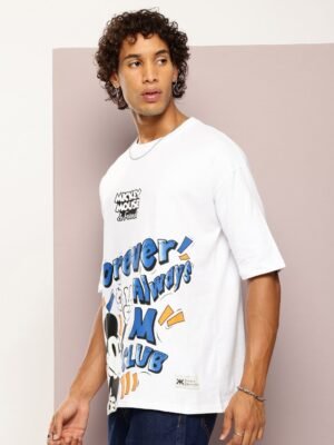 Kook N Keech Men Mickey Mouse Printed Drop-Shoulder Sleeves Oversized Pure Cotton T-shirt