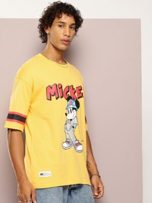 Kook N Keech Men Mickey Mouse Printed Drop-Shoulder Sleeves Oversized Pure Cotton T-shirt