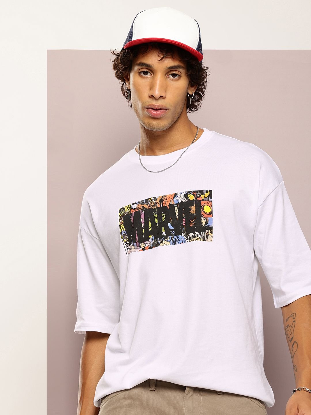 Kook N Keech Men Marvel Printed Drop-Shoulder Sleeves Oversized Pure Cotton T-shirt