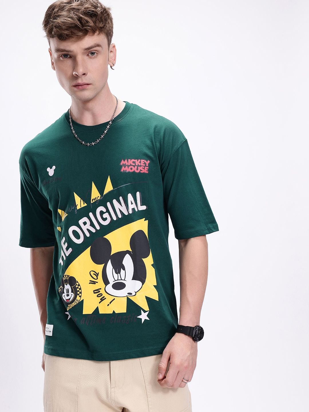 Kook N Keech Men Mickey Mouse Printed Drop-Shoulder Sleeves Oversized Pure Cotton T-shirt - Image 6